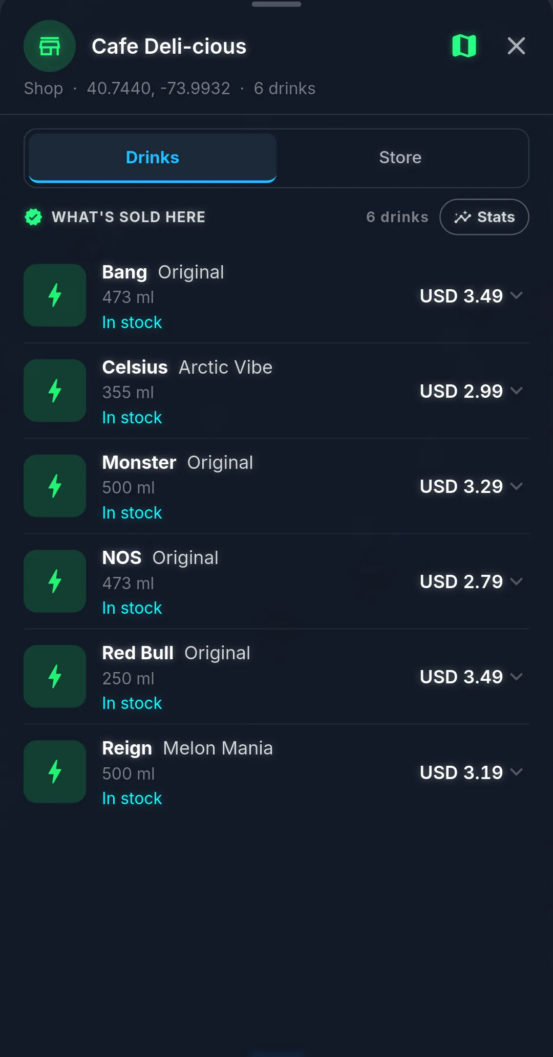 A store's energy drinks with crowd prices and in-stock status